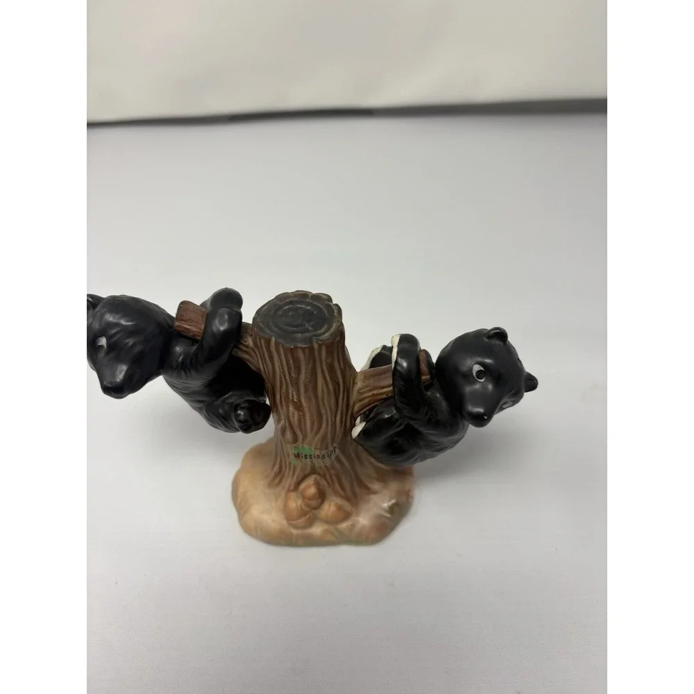 Vintage Japan Ceramic Black White Bear Cubs Hanging Tree Salt Pepper Shakers MCM